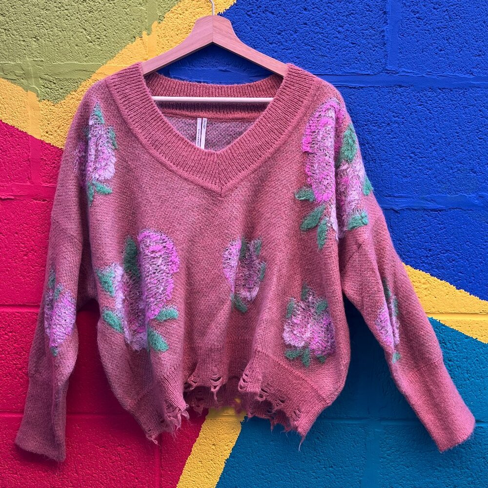 Anthropologie Rose Drop-Shoulder V-Neck Sweater, SIZE L